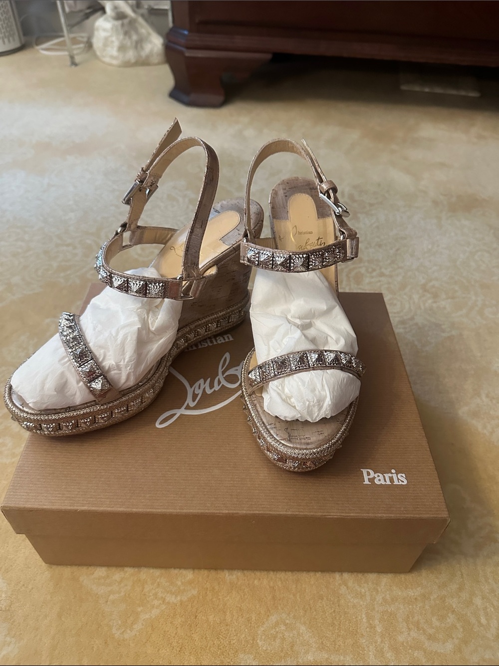 Christian Louboutin Metallic Gold Crystal-Embellished Wedge Sandals! - Picture 4 of 5